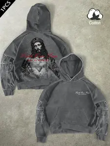 Trendy Faith-Driven Dark Casual Hoodie, Vintage Base + Jesus Print + 'faith over Fear' Slogan, Street Style Fitted Sweatshirt