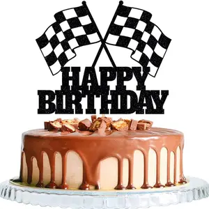 1Pc Car Cake Topper Race Car Cake Decorations for Racing Car Checkered Flag-Glitter Finish Race Car Cake Topper Happy Birthday Theme Cake Decor
