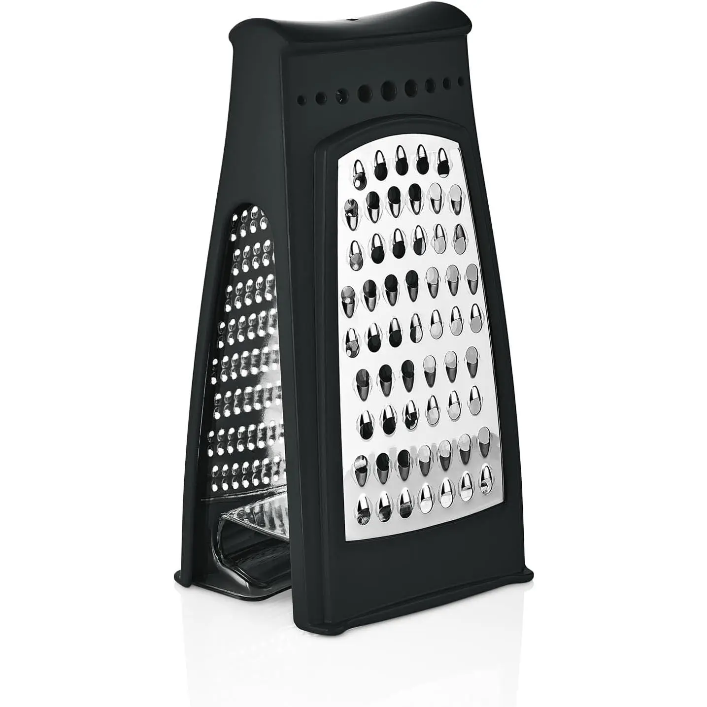 Cheese Grater with Container - Stainless Steel Box Grater with 2 Sided Removable Graters for Fine and Coarse Shredding - Ideal for Cheese, Vegetables, Garlic, and Ginger - Black Grater and Clear Box