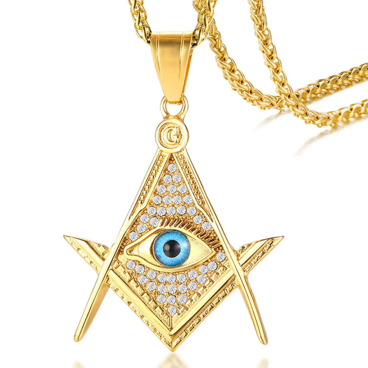 OIDEA Men's All-Seeing Eye Masonic Pendant Necklace - Stainless Steel Religious Jewelry, Rhinestone Crystal Gold-Tone Charm, 23.6 in Roman-Style Handmade Metal Majestic Chain, Religious Pendant Necklaces, Rhinestone Crystal Necklaces