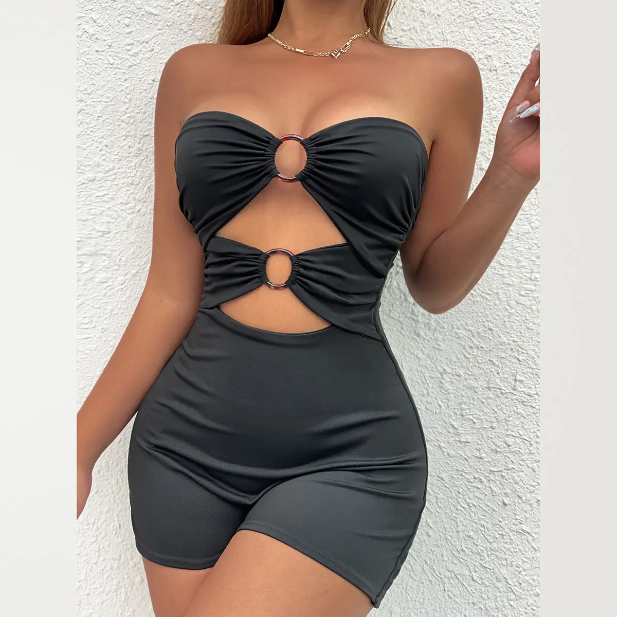 Women's Strapless Pleated Wide Leg Jumpsuit with Ring Detail