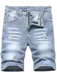 Men’s Light Blue Distressed Stretch Denim Shorts – Streetwear, Summer Casual