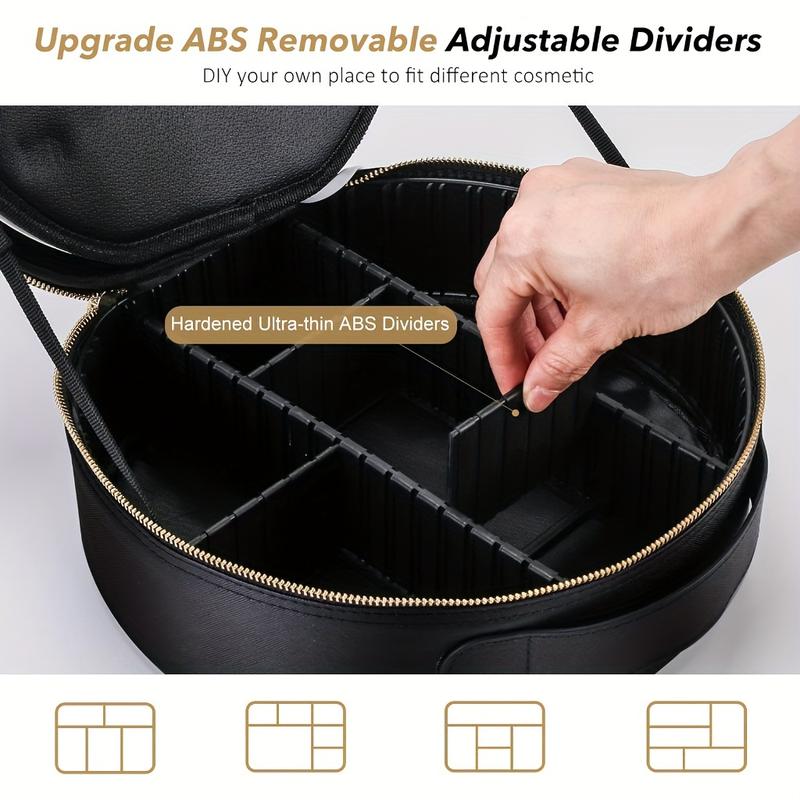 Makeup Bag Cosmetic Case Round Cosmetic Case Portable Travel Makeup Train Case Beauty Box, Cosmetic Case With Mirror With Light, Adjustable Dividers Brush Pouch