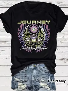 Women's Journey Don't Stop Believin' Print Round Neck Graphic Tee, Vintage Trendy Casual Short Sleeve T-shirt for Daily Wear, Ladies Summer Outfit