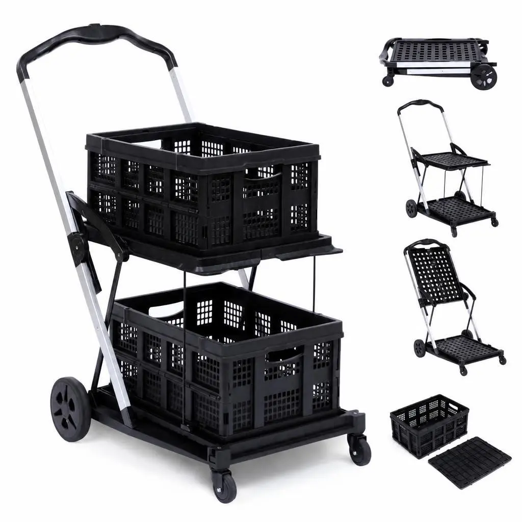 Gaomon Black 2-Tier Heavy Duty Hand-Operated Shelf-Equipped Folding Utility Cart with Wheels, Collapsible Rolling Storage Trolley, 360° Swivel Casters, Large-Capacity Push Cart for Office, Warehouse
