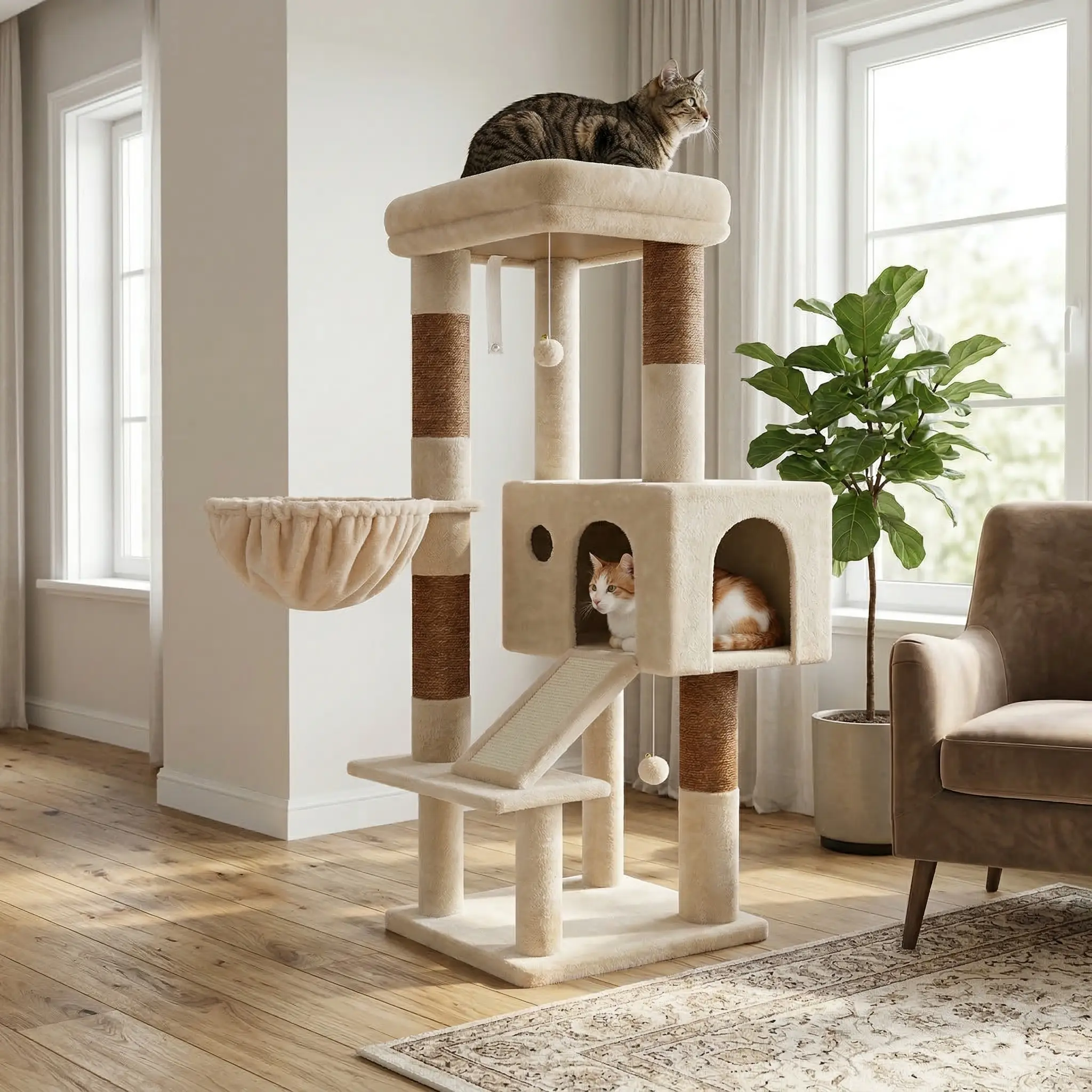 Globlazer  Sturdy 50‘’ Corner Cat Tree  for Big Cats, with 1Scratching Board;1 Cat Condo;4 Scratching Posts