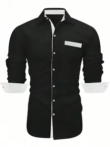 Men's Colorblock Long Sleeve Collared Shirt, Button Front Design, Fitted Style, Contrast Binding, Pockets, Casual Wear, All Seasons, Casual Chic Minimalist
