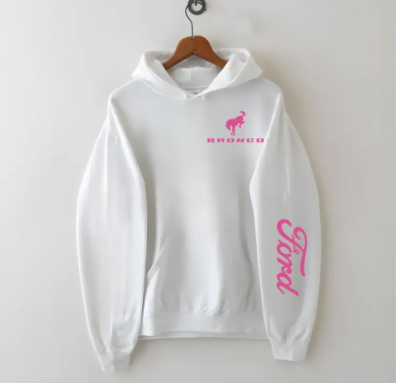 Pink Ford Bronco Hoodie for Women, White Vintage Racing Hoodie, Trendy Car Girl Aesthetic, Cute Gift for Ford Lovers, Oversized Streetwear, Fashionable Pullover Top