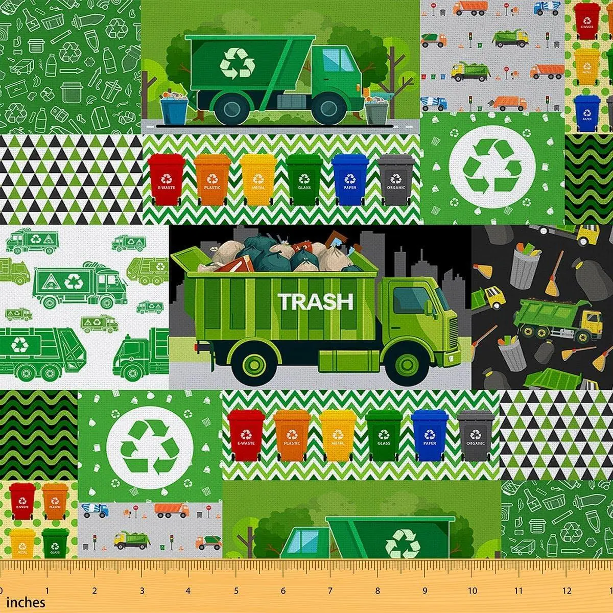 Garbage Truck Fabric,Watercolor Green Geometric Pattern DIY Art Fabric,Garbage Collection Cycle Fabrics,Cute Cars Soft Flannel Polyester No Stretch Fabric