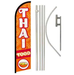 Thai Food Themed Windless Banner Flag & Aluminium-Steel Pole Kit, Polyester Material with Unique Print for Home, Festive Backdrop Displays