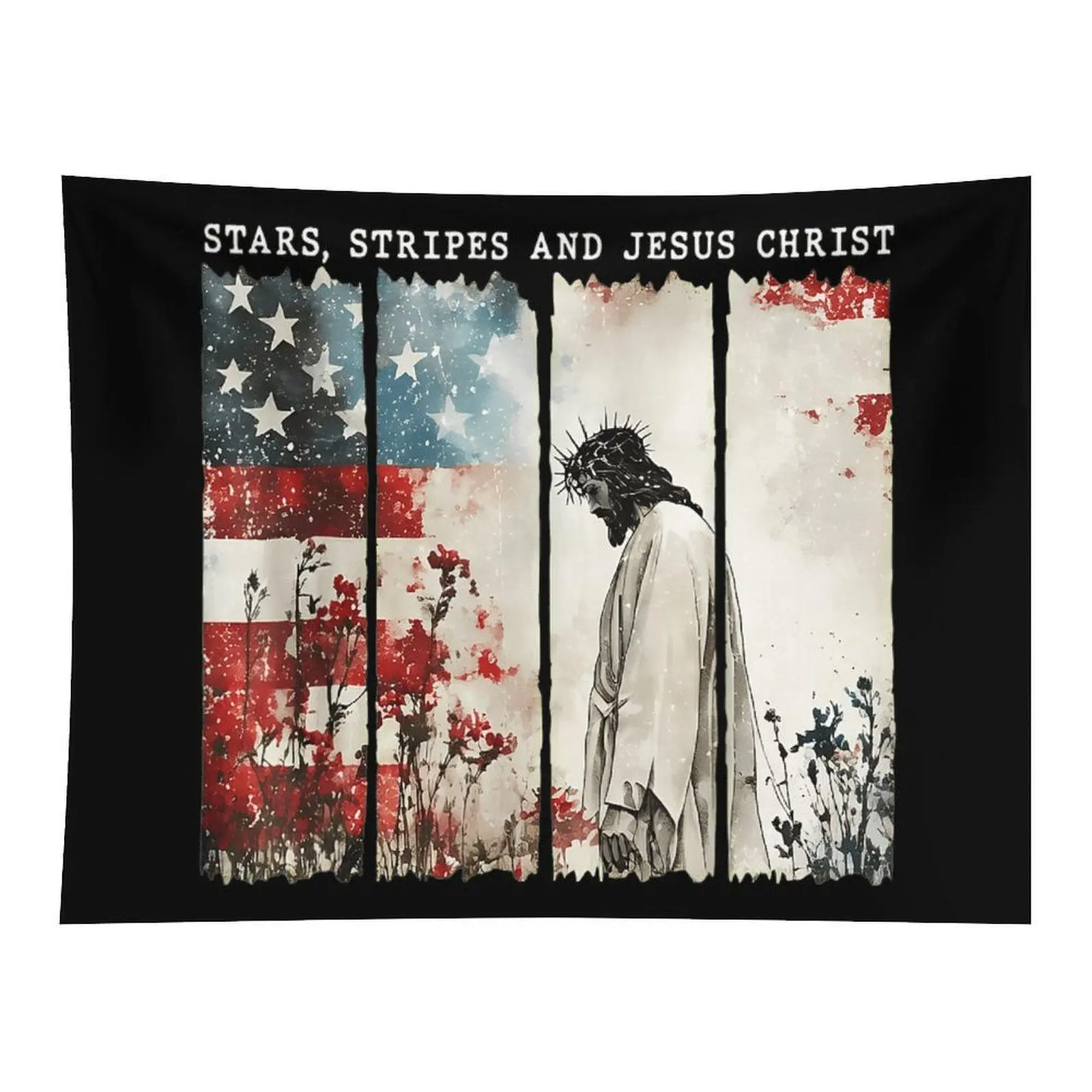 Christian Patriotic Wall Tapestry - Black Background with Watercolor Stars, Stripes, Jesus Christ & USA Flag, for Faith-Focused American Home Decor & Room Decor