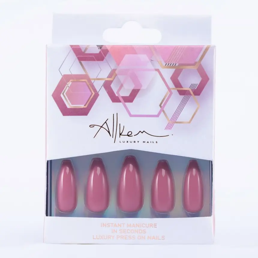 Allkem Mauve Press on Nails | Glossy Long coffin | 10 sizes - 30 pcs Ballerina Nail kit with Glue