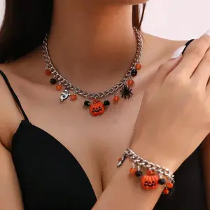 Women's Halloween Pumpkin Necklace & Bracelet Jewelry Set - 2pcs