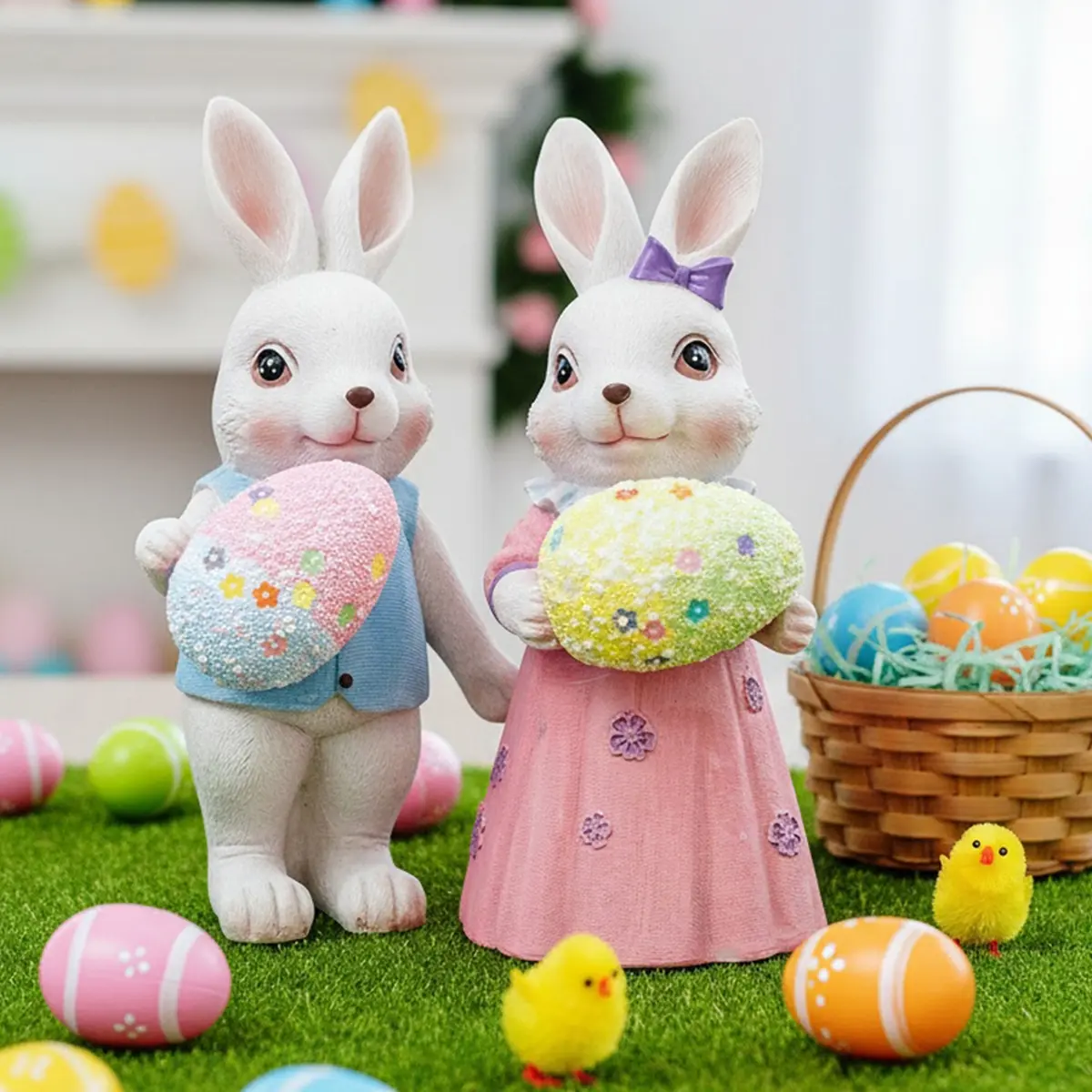 Cute Bunny Mini Statue Figurine, Easter Sunday Decoration, Handmade Craft Decorative Ornament, Garden Fun Decor, Spring Animal Display