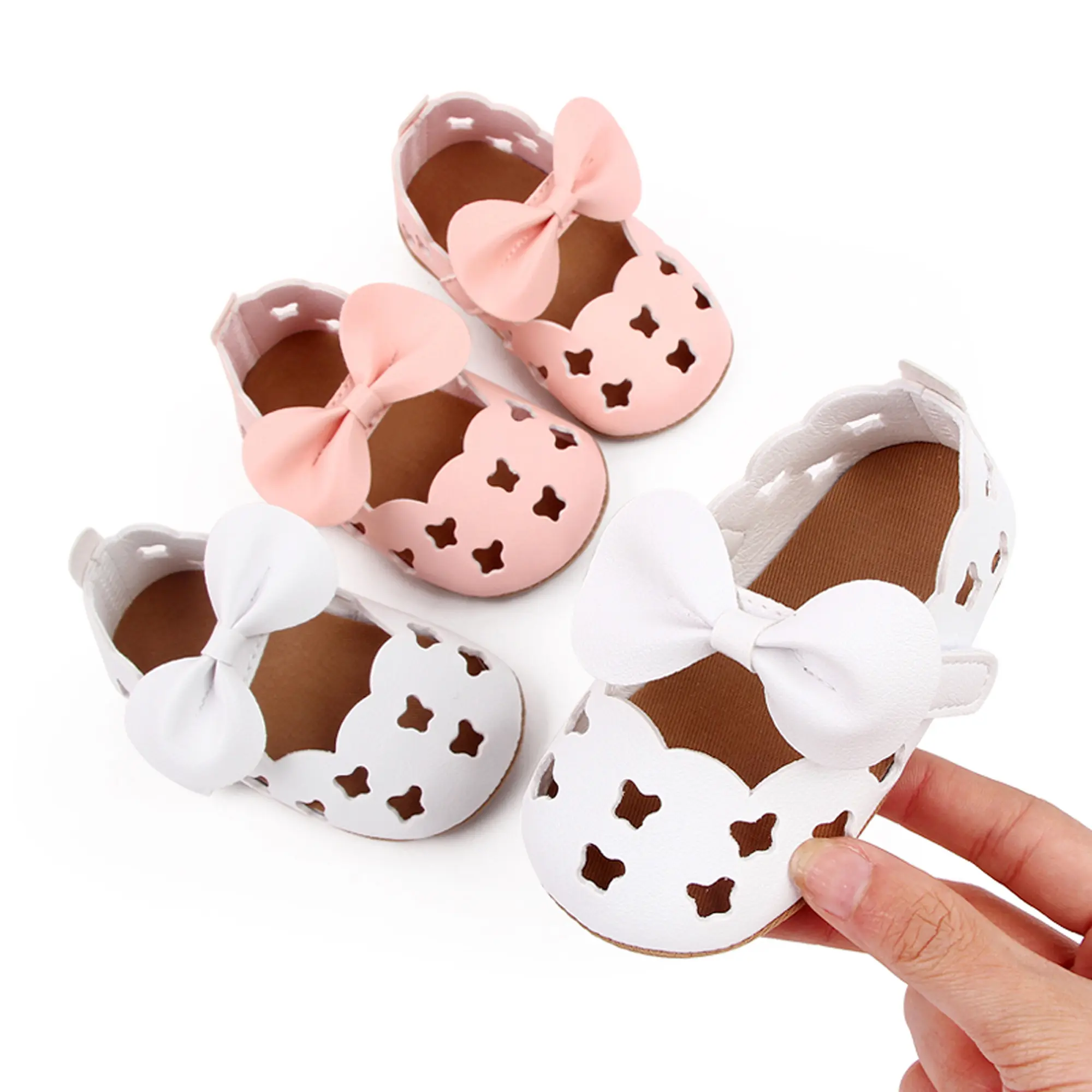 Baby Girls' Bow Decorated PU Leather Sandals, Toddler Solid Color Hollow-Out First Walkers with a Non-Slip Soft Sole, Bow Decorated Shoes, Soft Soled Shoes, Barefoot Sandals Toddler, Infant Sandals, Casual Baby Girl's Shoes