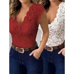 Fashionable Sexy Summer Women's V-neck Cut-out Lace Shirt Vest - Solid Color, Tight Fit - For Women - Perfect for Summer Parties & Casual Outings - Ideal Gift for Fashionable Ladies Spandex Womenswear  Tops Fabric  Collar Comfort