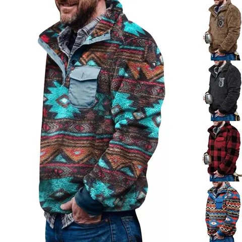 【Christmas Clearance Sale】PASLTER Male Clothing Geometric Tribal Aztec Soft Fleece Sherpa Pullover Sweatshirt, Long-Sleeve Western Vintage Pocketed Casual Winter Coat