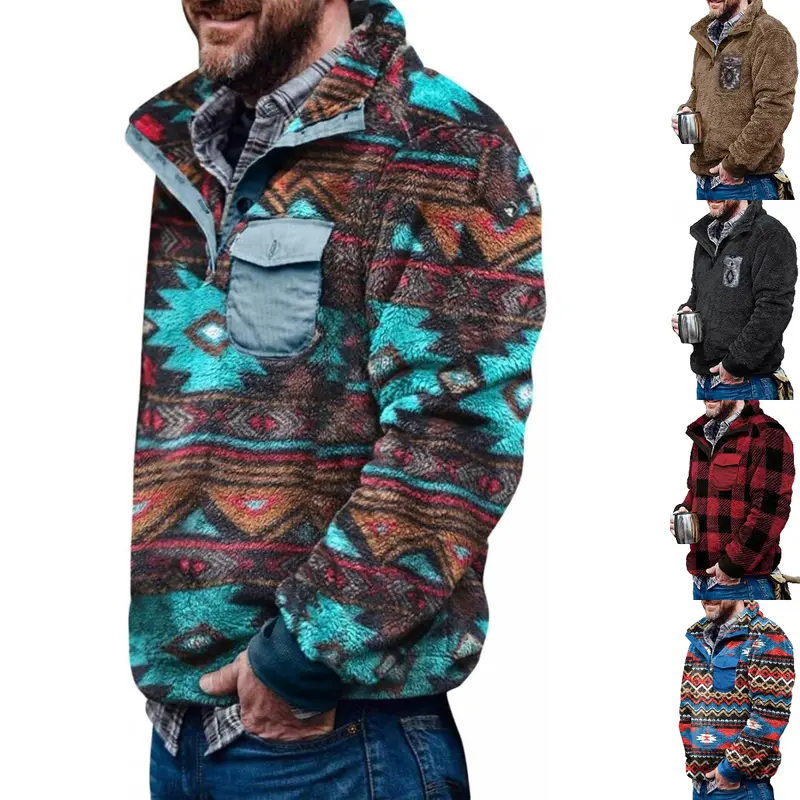 【Christmas Clearance Sale】PASLTER Male Clothing Geometric Tribal Aztec Soft Fleece Sherpa Pullover Sweatshirt, Long-Sleeve Western Vintage Pocketed Casual Winter Coat