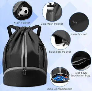 Black Drawstring Gym Bag for Men & Women Waterproof Backpack with Shoes Compartment & Multi-Pocket Design for Soccer Basketball Volleyball Daily Use