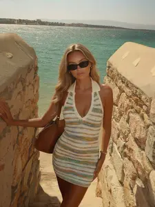 Elegant Striped Beach Vacation Dress, Sexy Knit Bodycon Sweater Dress, Spring Summer Versatile Women's Fashion