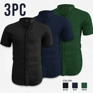 【Father's Day】3pcs Men's Summer Short Sleeve Shirts, Lightweight Breathable Plain Solid Color Button-Up Casual Menswear Tops with Stand Collar, Casual Attire, Low-Cut Neckline Shirts for Beach, Pool Parties and Vacation, Gift for Husband