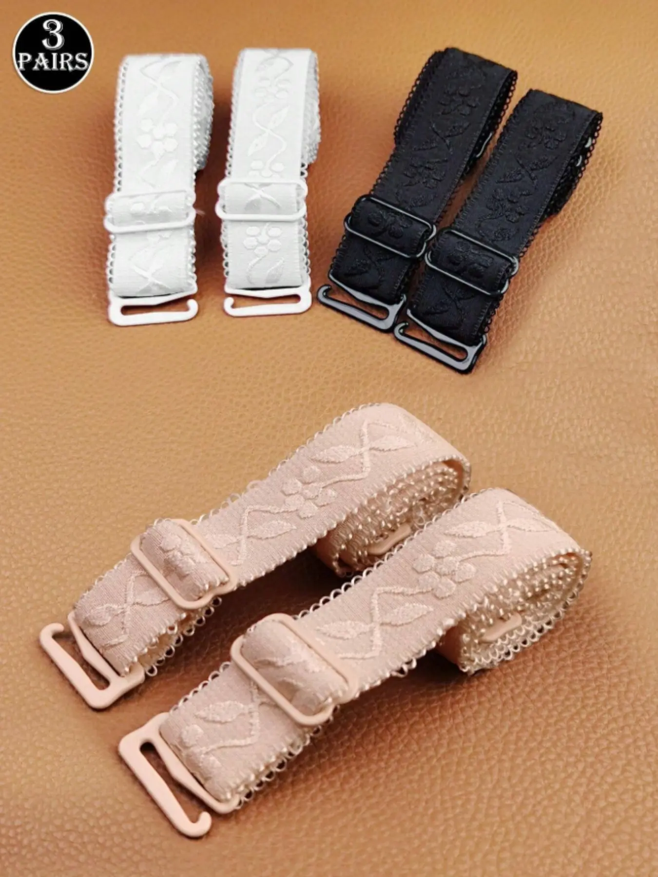 3 Pairs Embroidered Bra Straps, Long Wide Adjustable Non-Slip Bra Straps, Replaceable Elastic Fabric Straps for Women Underwear Accessories