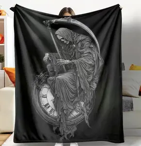 Grim Reaper Flannel Blanket, Death & Time Clock Print, Lightweight, Super Soft, AntiPilling, Suitable for Halloween, Gothic Home Decor, Spooky Season Gift, Dark Fantasy Lovers, Living Room, Bedroom, Sofa, Couch, Travel, Camping, Outdoor Events.