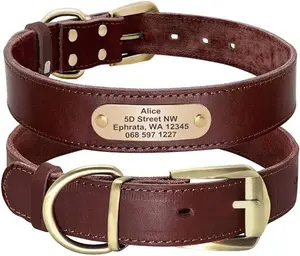 Didog Genuine Leather Dog Collars with Engraved Nameplate, Personalized Soft Leather Dog Collar with Custom ID Tag, Brown/Green/Red for Medium Large Dogs (L, Brown)
