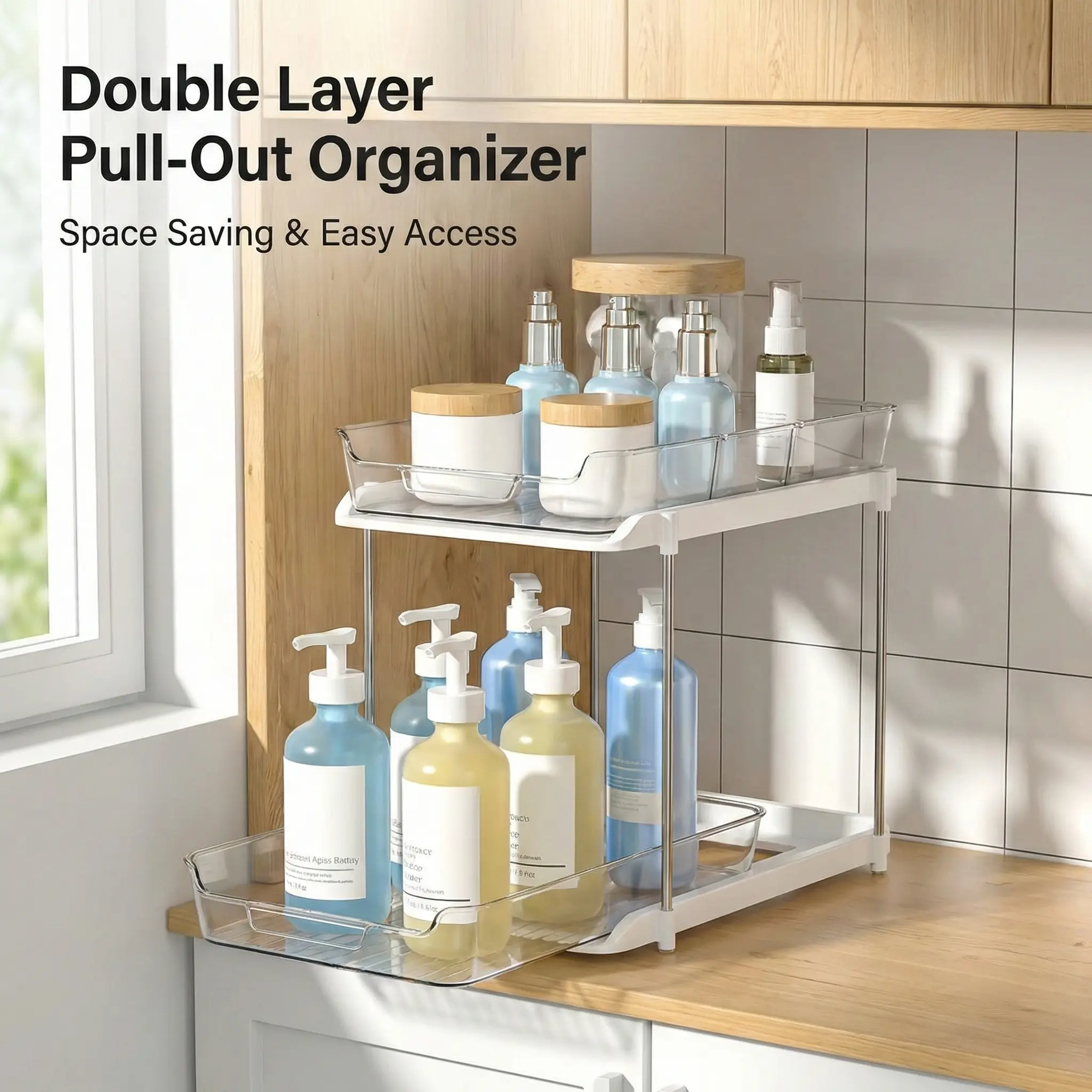 2-Tier Clear Pull-Out Under Sink Organizer – Transparent PET Storage Rack for Kitchen, Bathroom & Makeup Organization