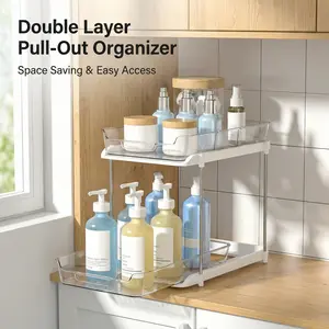 2-Tier Clear Pull-Out Under Sink Organizer – Transparent PET Storage Rack for Kitchen, Bathroom & Makeup Organization