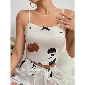 SERACAL 2-Piece Women's Pajama Set, Cartoon Dog Print Spaghetti Strap Cami Top & Drawstring Shorts, Cute Loungewear Sleepwear for Home & Nightwear