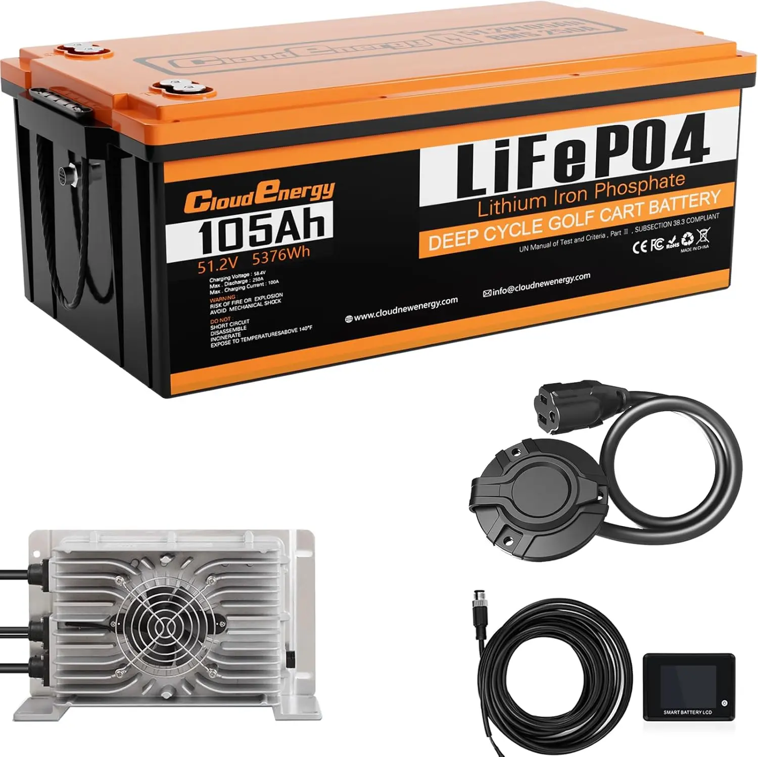 Cloudenergy 48V(51.2V) 105AH LiFePO4 Lithium Golf Cart Battery Built-in 250A BMS,3C Discharge,with 20A Charger,Mobile APP,Touch Monitor,6000+ Cycles,Perfect for Golf Carts (GFA48V-105AH with Charger)