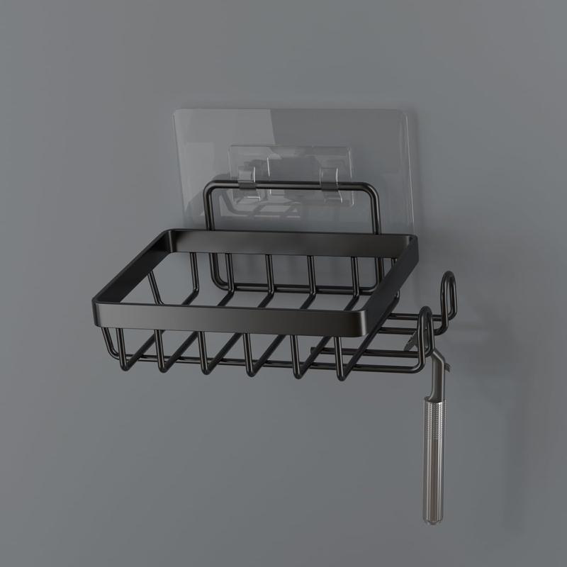 Adhesive Soap Bar Holder for Shower Wall, Self Draining Soap Dish Container  Saver with 2 Hooks for Razor Loofah, Shampoo Sponge Tray Case Box for Bathroom Kitchen Sink, Black