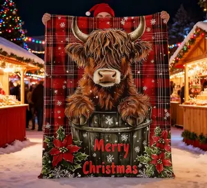 Soft Warm Christmas Highland Cow & Snowflake Flannel Blanket Cozy Festive Gift for Family Travel Office Decoration