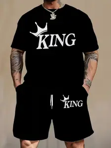 Men's Fashion Crown King Print Casual Relaxed Fit Outfit Clothing Set, Short Sleeve Round Neck T-Shirt and Pocket Drawstring Shorts, Plus Size Menswear, Loose Fit Set