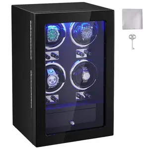 fathersdaygift VEVOR Watch Winder, Watch Winder for 4 Men's and Women's Automatic Watches, with 4 Super Quiet Japanese Mabuchi Motors, Blue LED Light and Adapter, High-Density Board Shell and Black PU