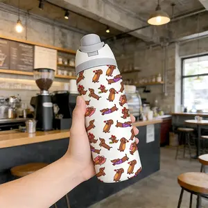 32oz Sausage Dog Pattern Dual Drink Straw Sports Water Bottle, Stainless Tumbler, 304 Stainless Steel Vacuum Insulated, Large Capacity Fruit Cup, Perfect Gift for Girls, Stainless Steel Drinkware
