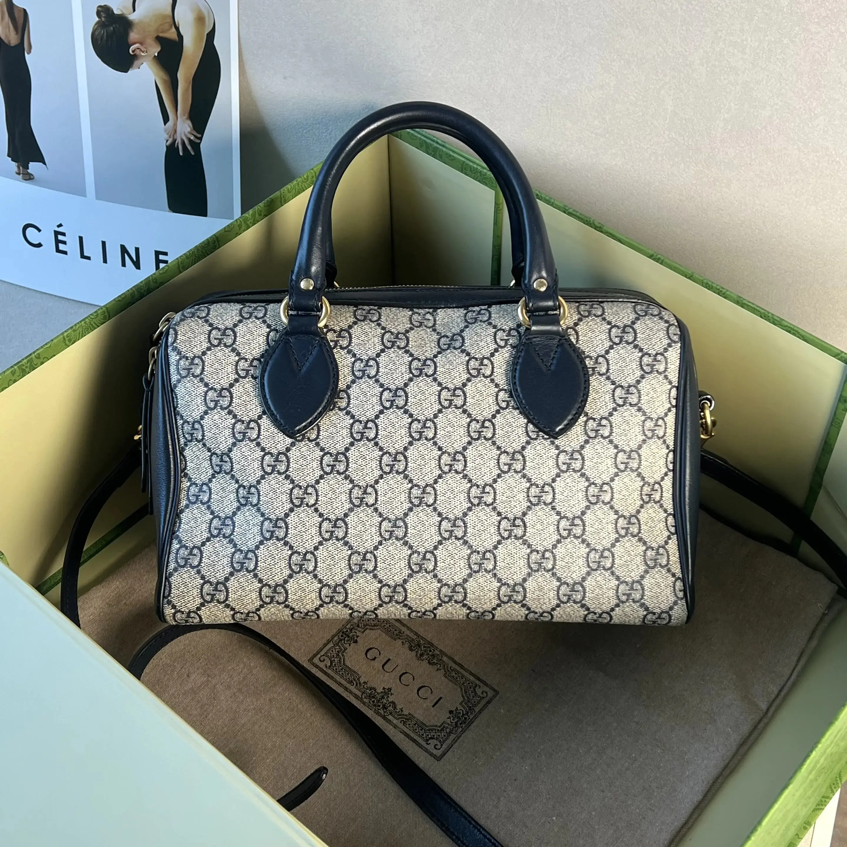 Pre-owned GUCCI Boston Walnut Color with Navy Blue and Red Pattern 0728betsy/C8351036625