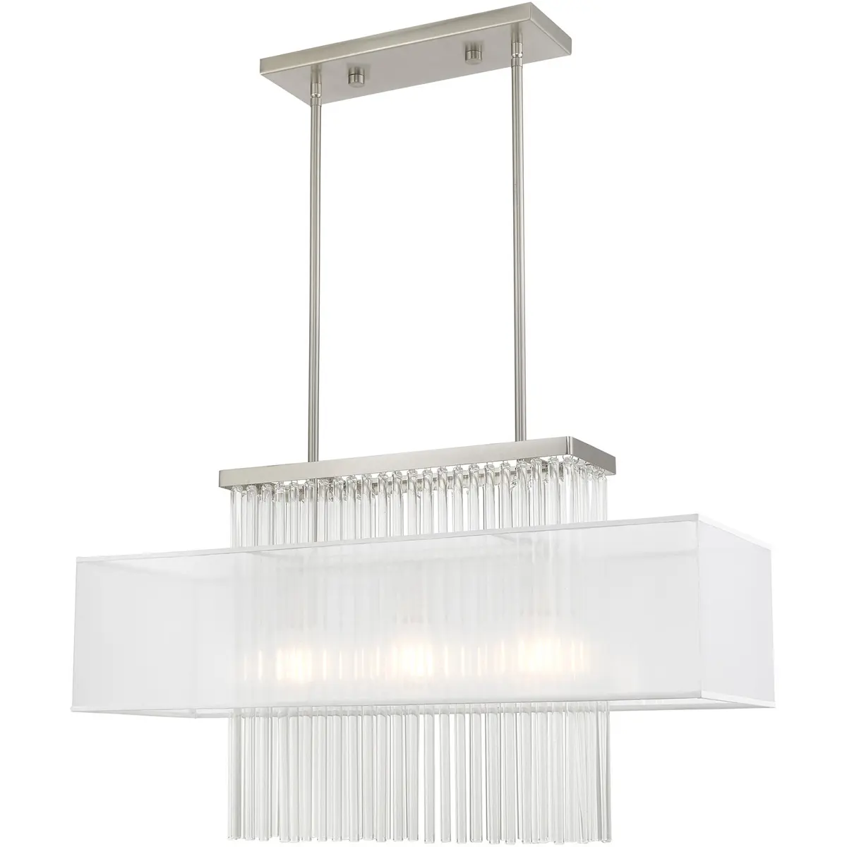 10 inch 3 Light Brushed Nickel Linear Chandelier with Clear Crystal Rods/ Hand Crafted Translucent Fabric Shade