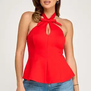Red Halter Neck Top with Bow Detail and Peplum Hem for Women