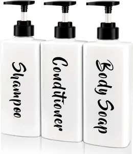 3-Pack 16.9oz Refillable Shower Dispenser Bottles with Pump – Printed Plastic Shampoo, Conditioner & Body Wash Containers | Bathroom Soap Dispenser Set (White)