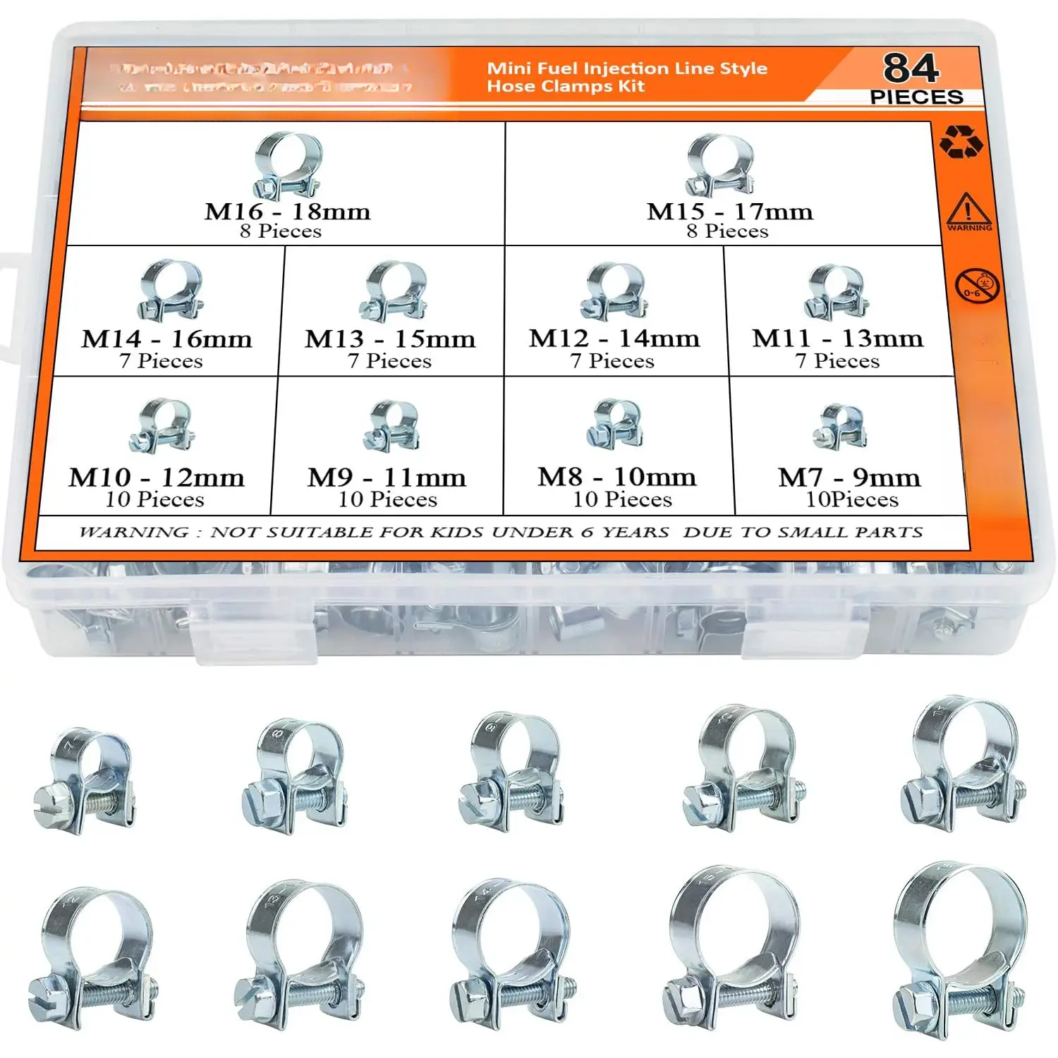 84 count 10 Sizes Mini  Injection Style Hose Clamps, Zinc Plated Adjustable Pipe Hose Clip Tube Clamps