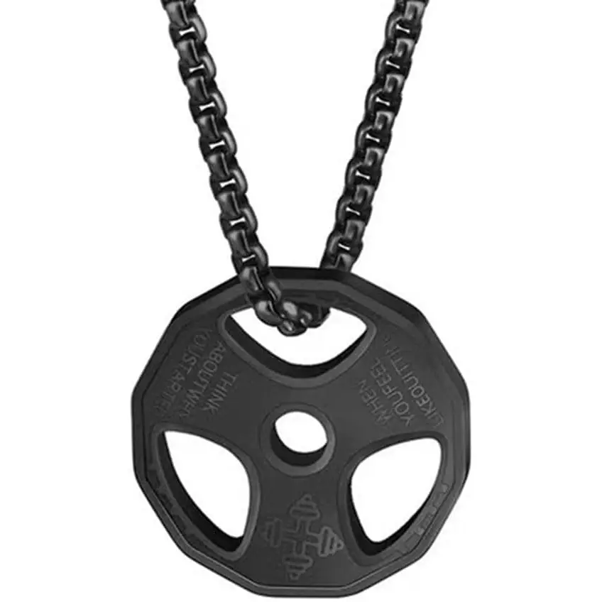 Dumbbell Necklace Fitness Gym, Weight Plate Barbell Pendant Stainless Steel Black
