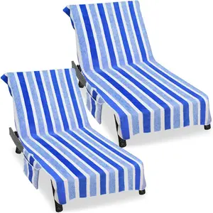 Lounge Chair Towel Cover (Pack of 2), Ultra Plush & Absorbent  Fleece Chair Towel for Pool, Beach, Patio & Garden|Quick Dry, Non-Slip Design with 2 Side Pockets|85" x 30"-Blue White
