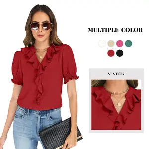 Funlingo Womens Blouses Dressy Casual Puff Sleeve V Neck Ruffle Tops Summer Business Work Shirts with Smocked Cuffs