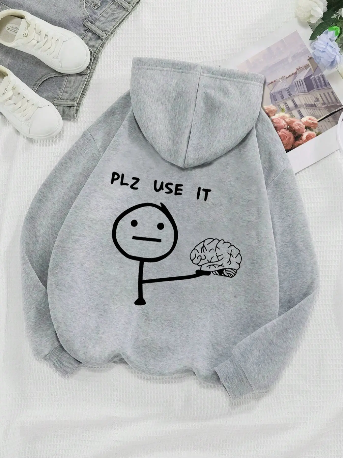 American Style Fall Winter Fleece Hoodie, Graphic Casual Hoodie, Plz Use It Letter Print Loose Fit Long Sleeve Pullover, Casual Pocket Design for Teens Boys Girls, Casual Hooded Sweatshirts, Graphic Hoodies