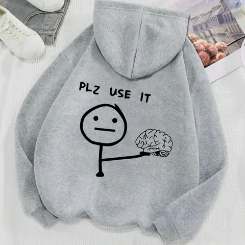 American Style Fall Winter Fleece Hoodie, Graphic Casual Hoodie, Plz Use It Letter Print Loose Fit Long Sleeve Pullover, Casual Pocket Design for Teens Boys Girls, Casual Hooded Sweatshirts, Graphic Hoodies