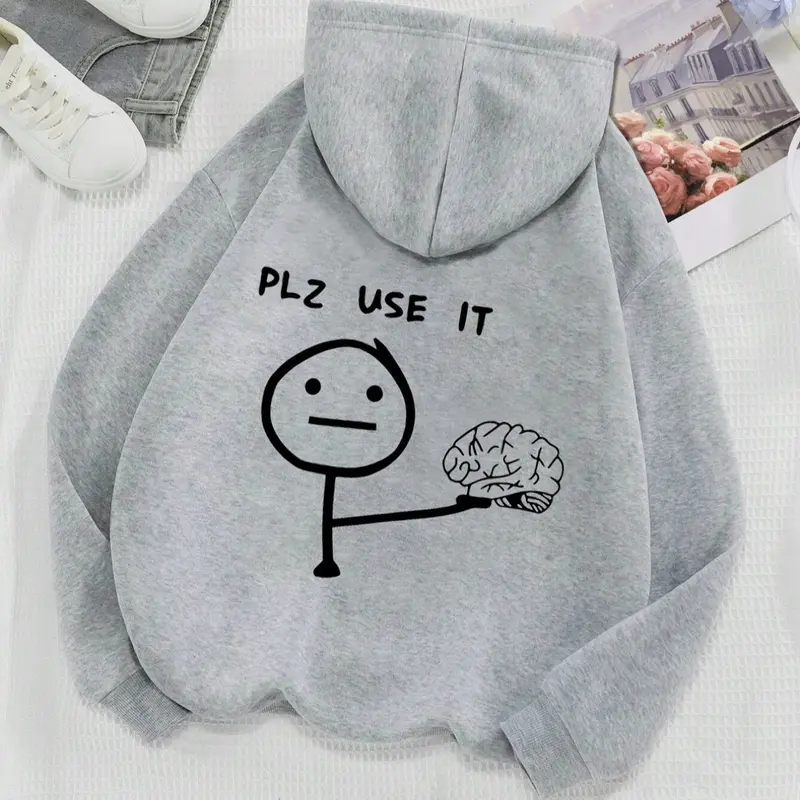 American Style Fall Winter Fleece Hoodie, Graphic Casual Hoodie, Plz Use It Letter Print Loose Fit Long Sleeve Pullover, Casual Pocket Design for Teens Boys Girls, Casual Hooded Sweatshirts, Graphic Hoodies