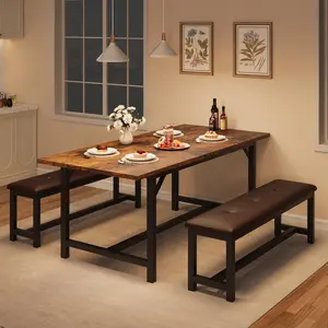 Dining Room Table Set for 4-6, 63" Extendable Dining Table Set for 6, Kitchen Table with 2 Upholstered Benches, Dining Room Extendable Table Set for Small Space, Apartment, Rustic Brown