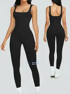 Women's Solid Square Neck Shapewear Jumpsuit, Casual Comfy Tummy Control Seamless Ribbed Jumpsuit for Daily Wear, Ladies Shapewear for All Seasons, Workout Jumpsuit